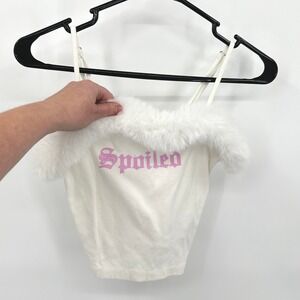 Y2K Coquette Fur Trim Spoiled Spaghetti Strap‎ Tank Top S White Bratcore Girly